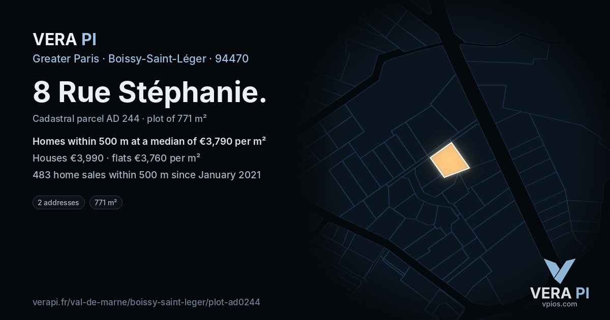 8 Rue Stéphanie, Boissy-Saint-Léger at night – the plot lit, the parcels around coloured by the prices near them