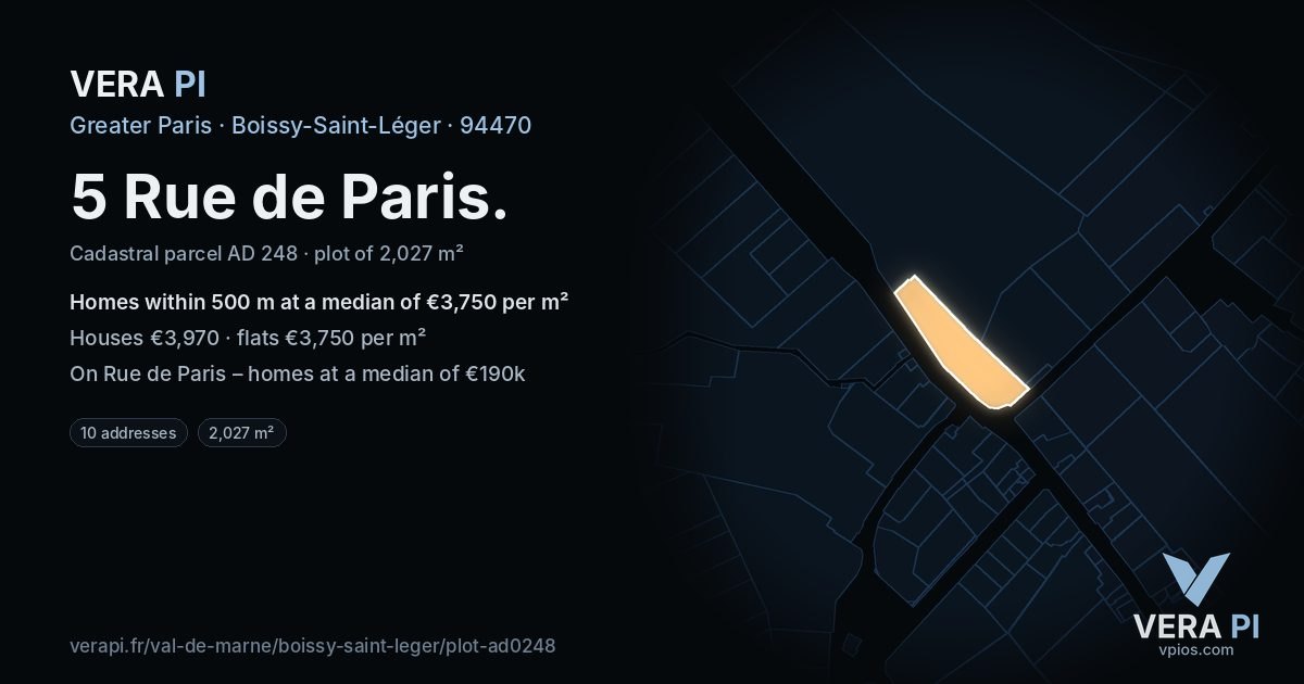 5 Rue de Paris, Boissy-Saint-Léger at night – the plot lit, the parcels around coloured by the prices near them