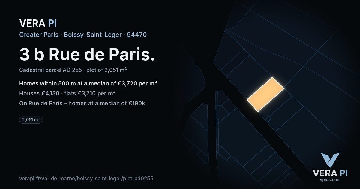 3 b Rue de Paris, Boissy-Saint-Léger at night – the plot lit, the parcels around coloured by the prices near them
