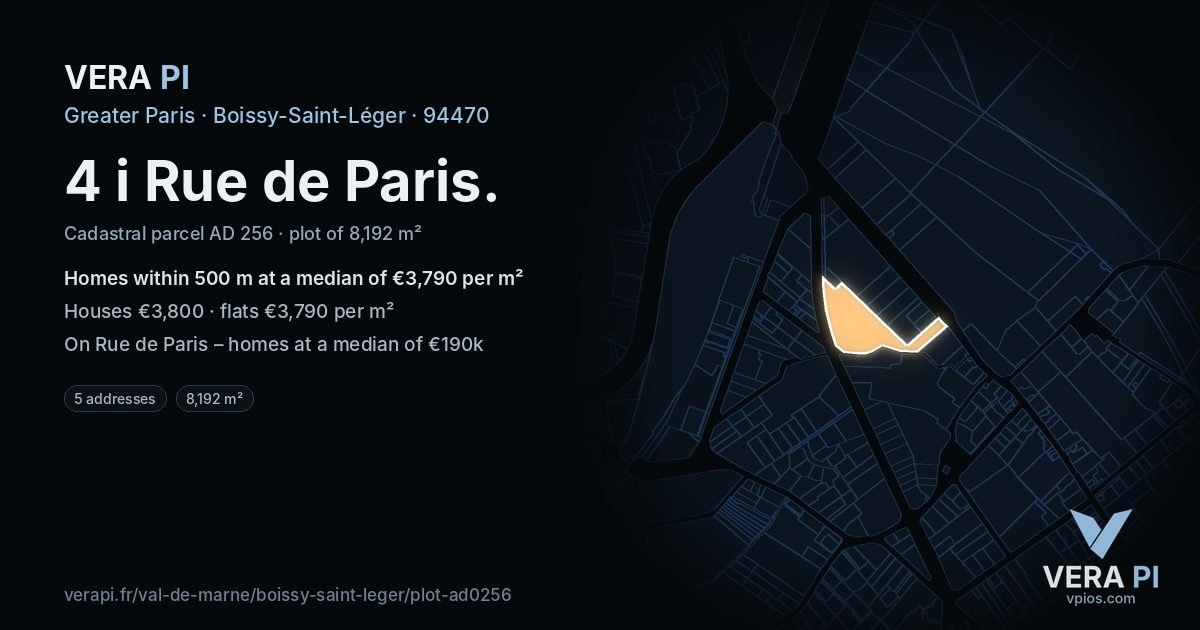 4 i Rue de Paris, Boissy-Saint-Léger at night – the plot lit, the parcels around coloured by the prices near them