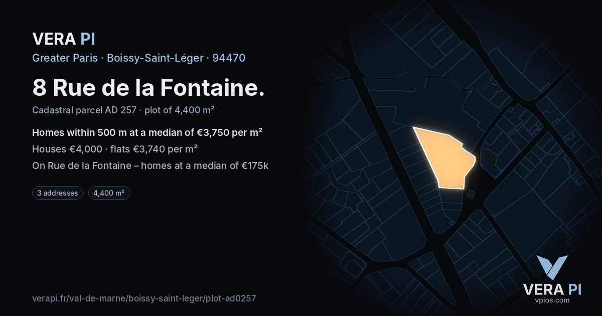 8 Rue de la Fontaine, Boissy-Saint-Léger at night – the plot lit, the parcels around coloured by the prices near them