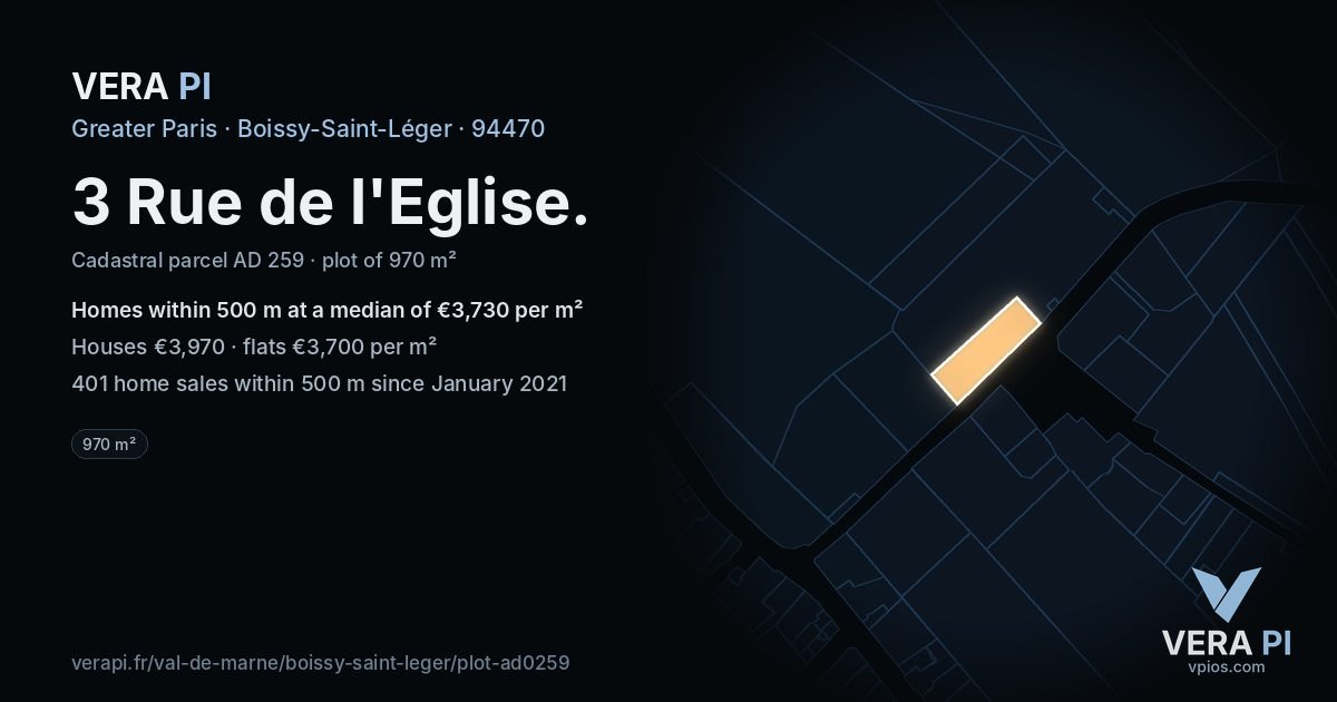 3 Rue de l'Eglise, Boissy-Saint-Léger at night – the plot lit, the parcels around coloured by the prices near them