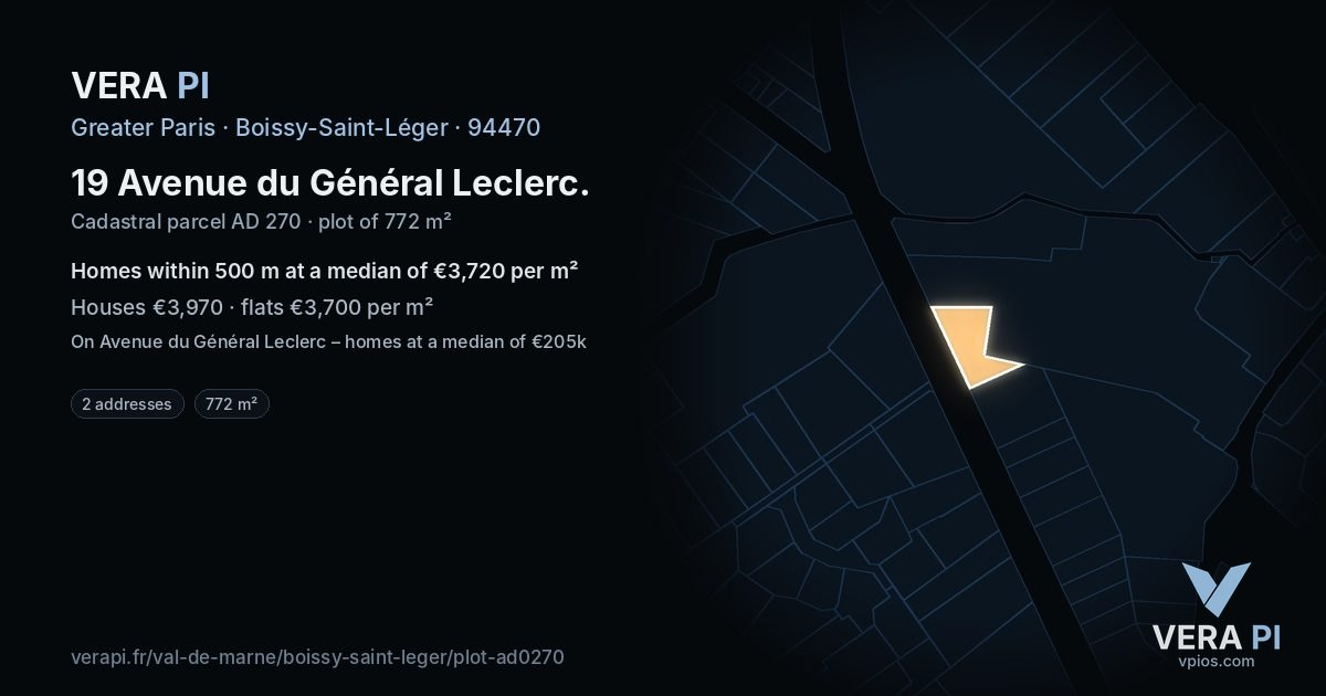 19 Avenue du Général Leclerc, Boissy-Saint-Léger at night – the plot lit, the parcels around coloured by the prices near them
