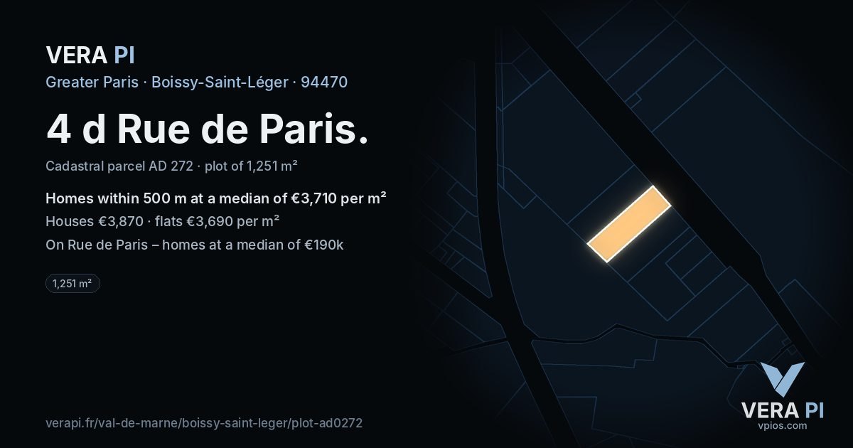 4 d Rue de Paris, Boissy-Saint-Léger at night – the plot lit, the parcels around coloured by the prices near them