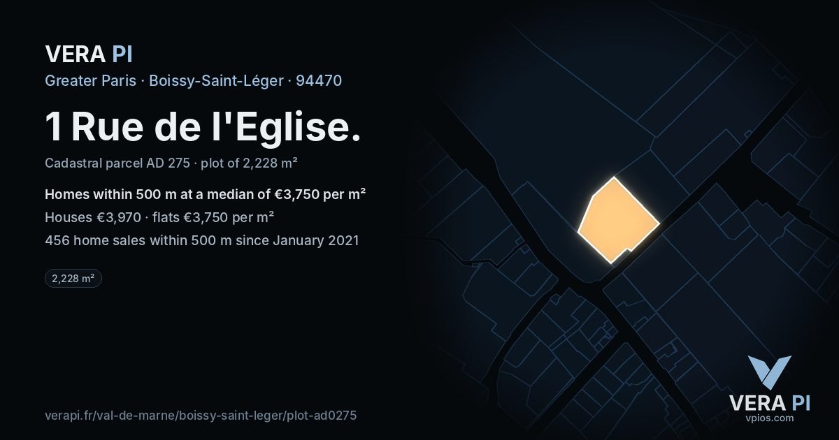 1 Rue de l'Eglise, Boissy-Saint-Léger at night – the plot lit, the parcels around coloured by the prices near them