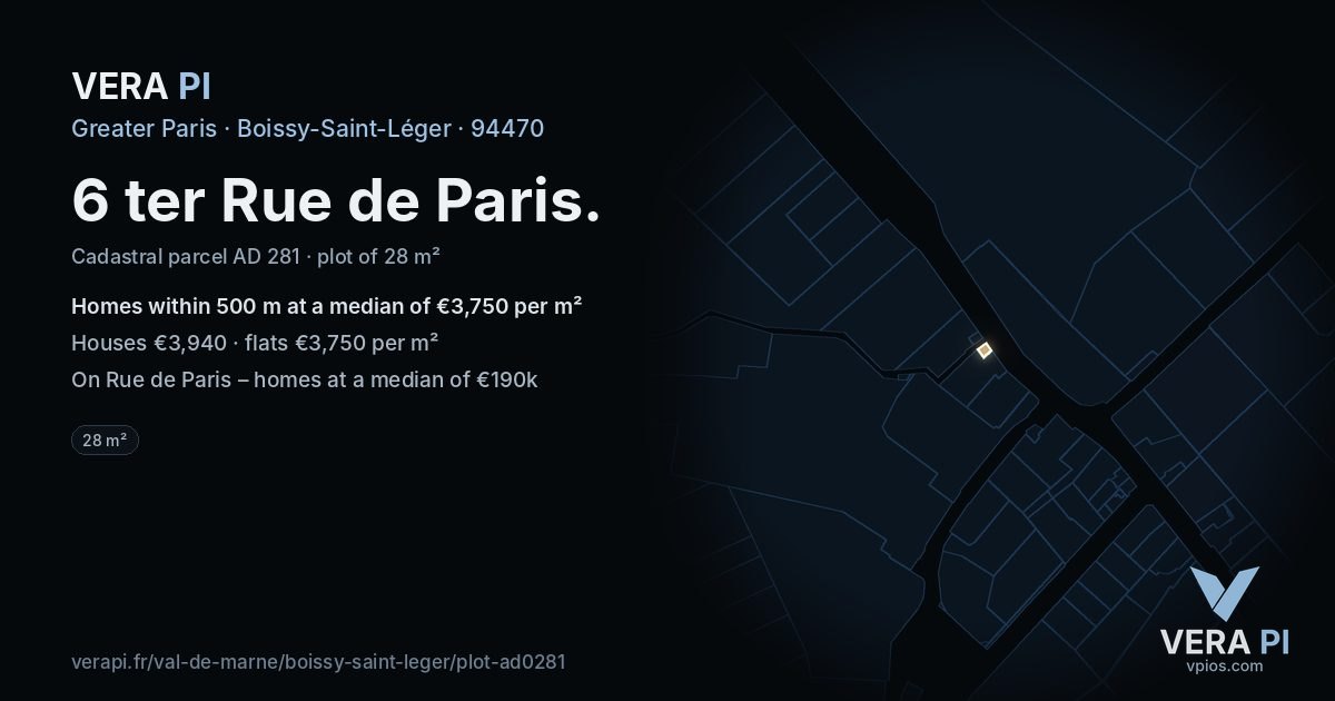 6 ter Rue de Paris, Boissy-Saint-Léger at night – the plot lit, the parcels around coloured by the prices near them