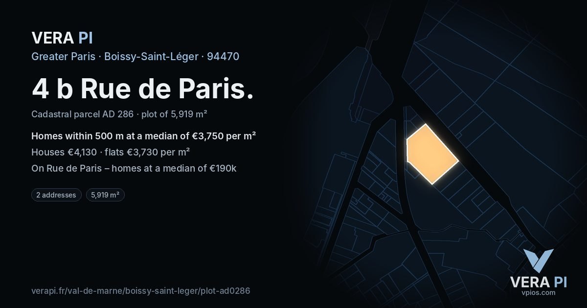 4 b Rue de Paris, Boissy-Saint-Léger at night – the plot lit, the parcels around coloured by the prices near them