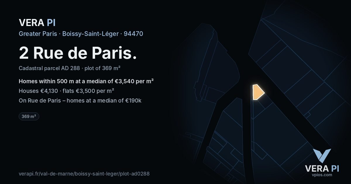 2 Rue de Paris, Boissy-Saint-Léger at night – the plot lit, the parcels around coloured by the prices near them