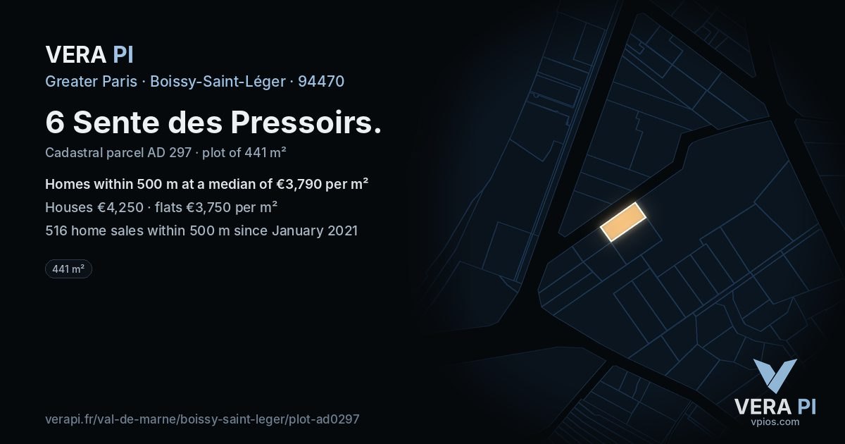 6 Sente des Pressoirs, Boissy-Saint-Léger at night – the plot lit, the parcels around coloured by the prices near them