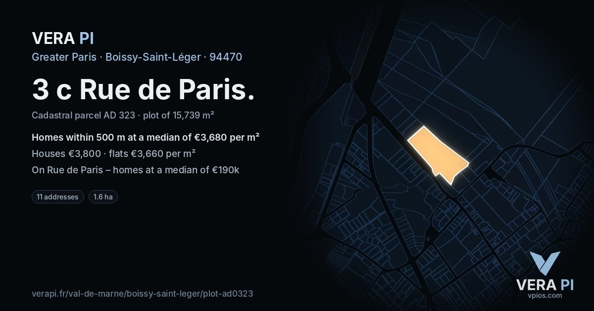 3 c Rue de Paris, Boissy-Saint-Léger at night – the plot lit, the parcels around coloured by the prices near them