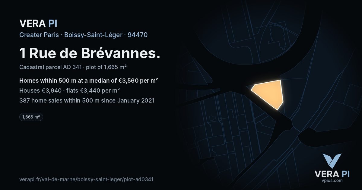 1 Rue de Brévannes, Boissy-Saint-Léger at night – the plot lit, the parcels around coloured by the prices near them