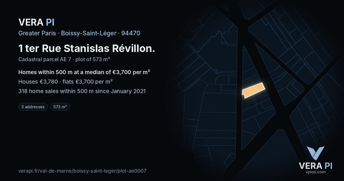 1 ter Rue Stanislas Révillon, Boissy-Saint-Léger at night – the plot lit, the parcels around coloured by the prices near them