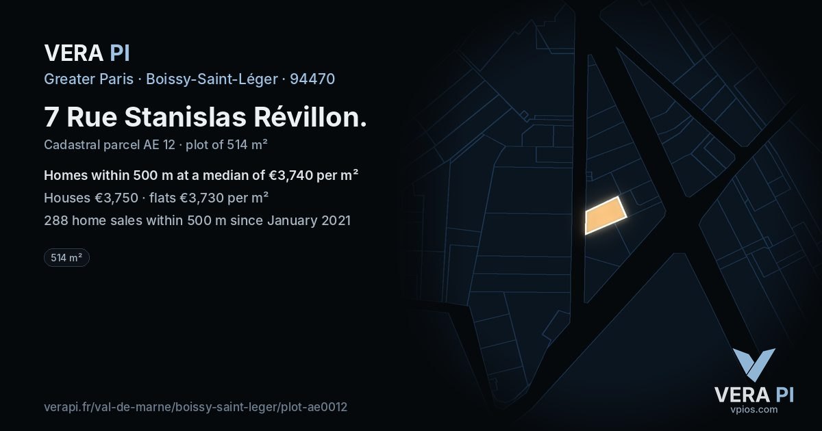 7 Rue Stanislas Révillon, Boissy-Saint-Léger at night – the plot lit, the parcels around coloured by the prices near them