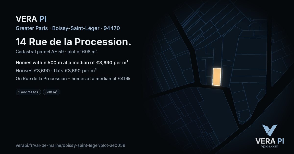 14 Rue de la Procession, Boissy-Saint-Léger at night – the plot lit, the parcels around coloured by the prices near them