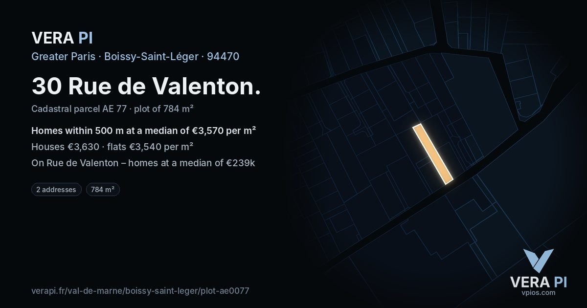 30 Rue de Valenton, Boissy-Saint-Léger at night – the plot lit, the parcels around coloured by the prices near them