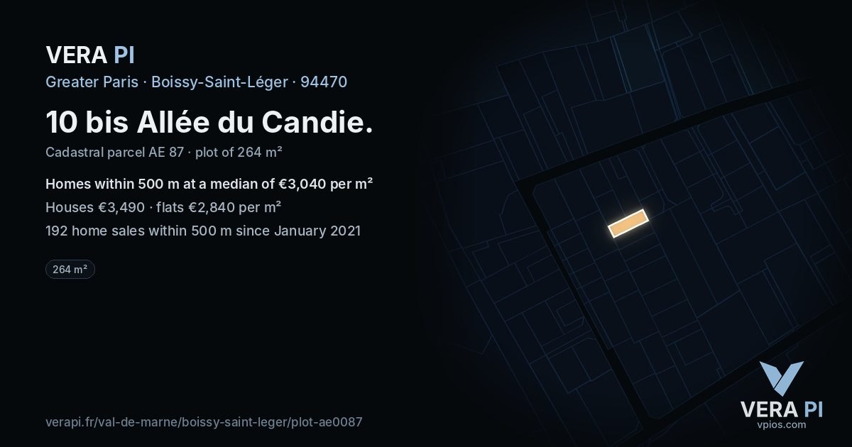 10 bis Allée du Candie, Boissy-Saint-Léger at night – the plot lit, the parcels around coloured by the prices near them