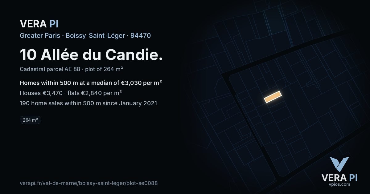 10 Allée du Candie, Boissy-Saint-Léger at night – the plot lit, the parcels around coloured by the prices near them