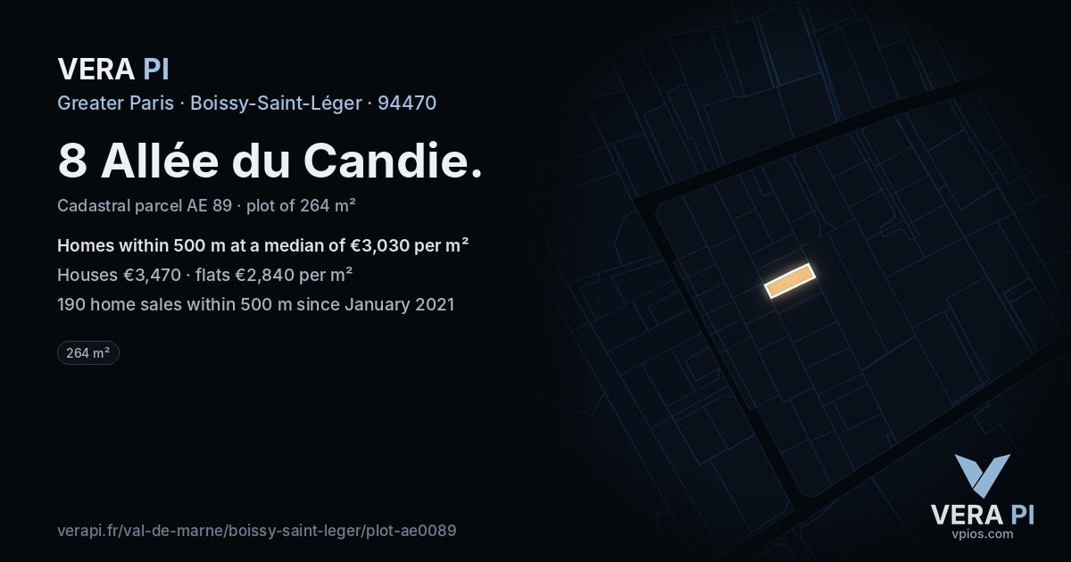 8 Allée du Candie, Boissy-Saint-Léger at night – the plot lit, the parcels around coloured by the prices near them