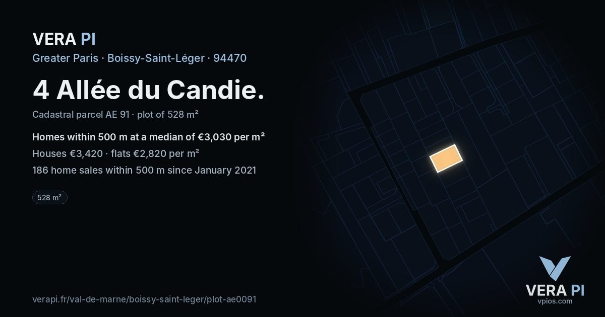 4 Allée du Candie, Boissy-Saint-Léger at night – the plot lit, the parcels around coloured by the prices near them