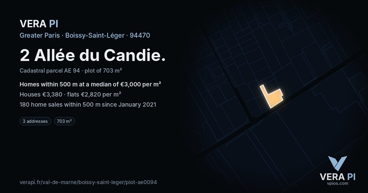 2 Allée du Candie, Boissy-Saint-Léger at night – the plot lit, the parcels around coloured by the prices near them