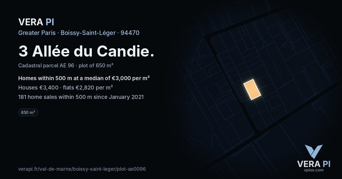 3 Allée du Candie, Boissy-Saint-Léger at night – the plot lit, the parcels around coloured by the prices near them