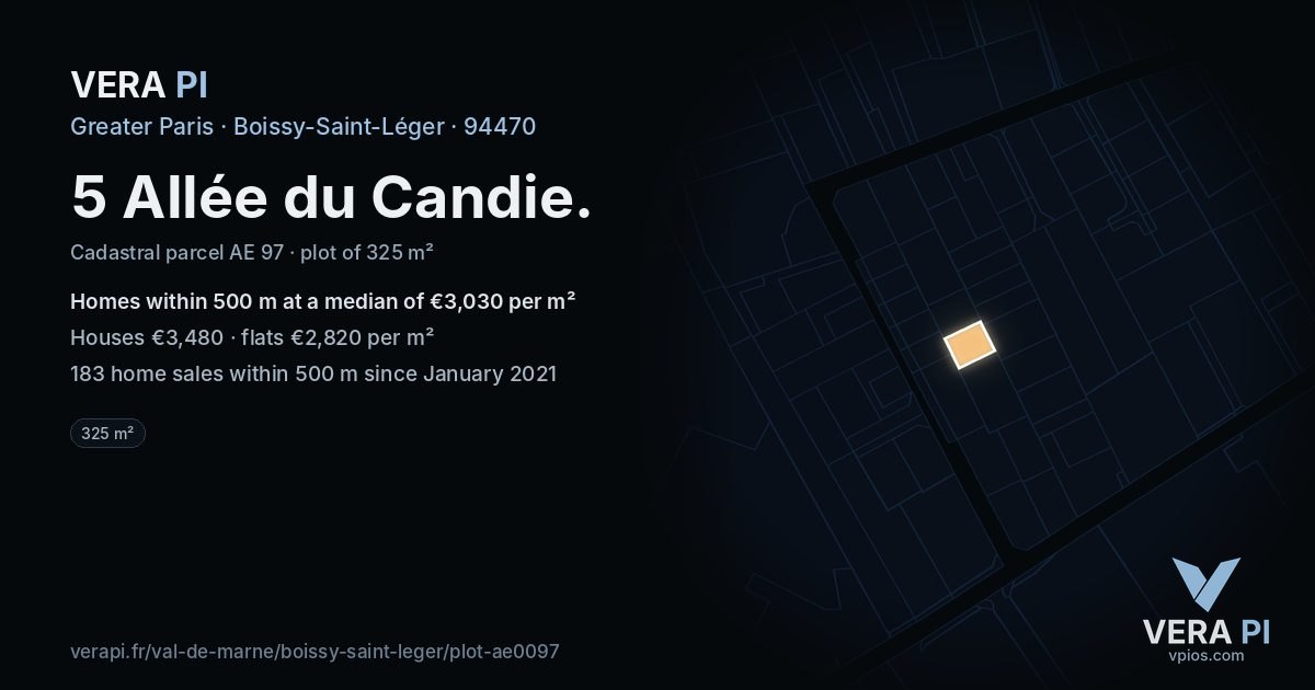 5 Allée du Candie, Boissy-Saint-Léger at night – the plot lit, the parcels around coloured by the prices near them