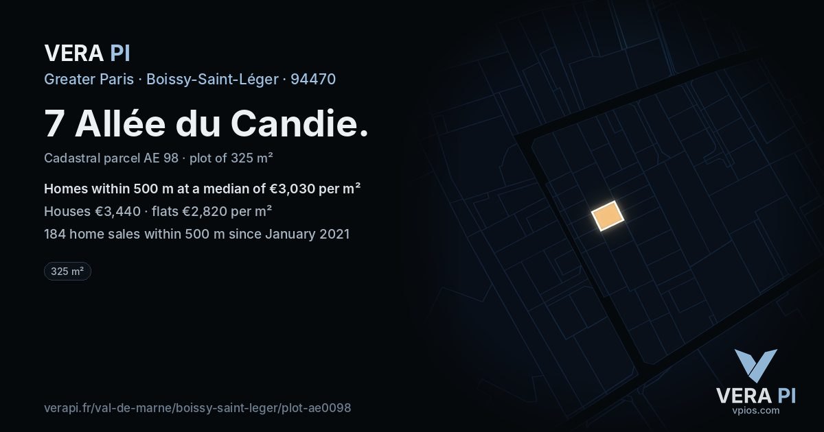 7 Allée du Candie, Boissy-Saint-Léger at night – the plot lit, the parcels around coloured by the prices near them