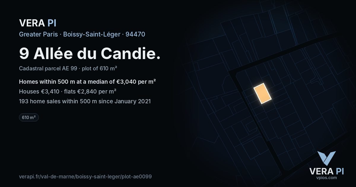 9 Allée du Candie, Boissy-Saint-Léger at night – the plot lit, the parcels around coloured by the prices near them