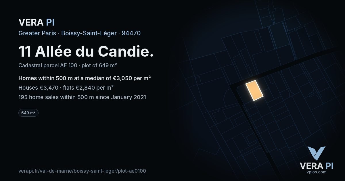 11 Allée du Candie, Boissy-Saint-Léger at night – the plot lit, the parcels around coloured by the prices near them