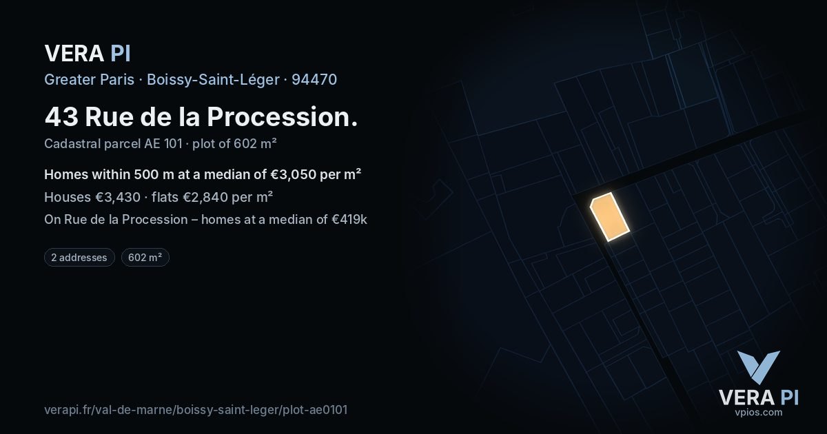 43 Rue de la Procession, Boissy-Saint-Léger at night – the plot lit, the parcels around coloured by the prices near them