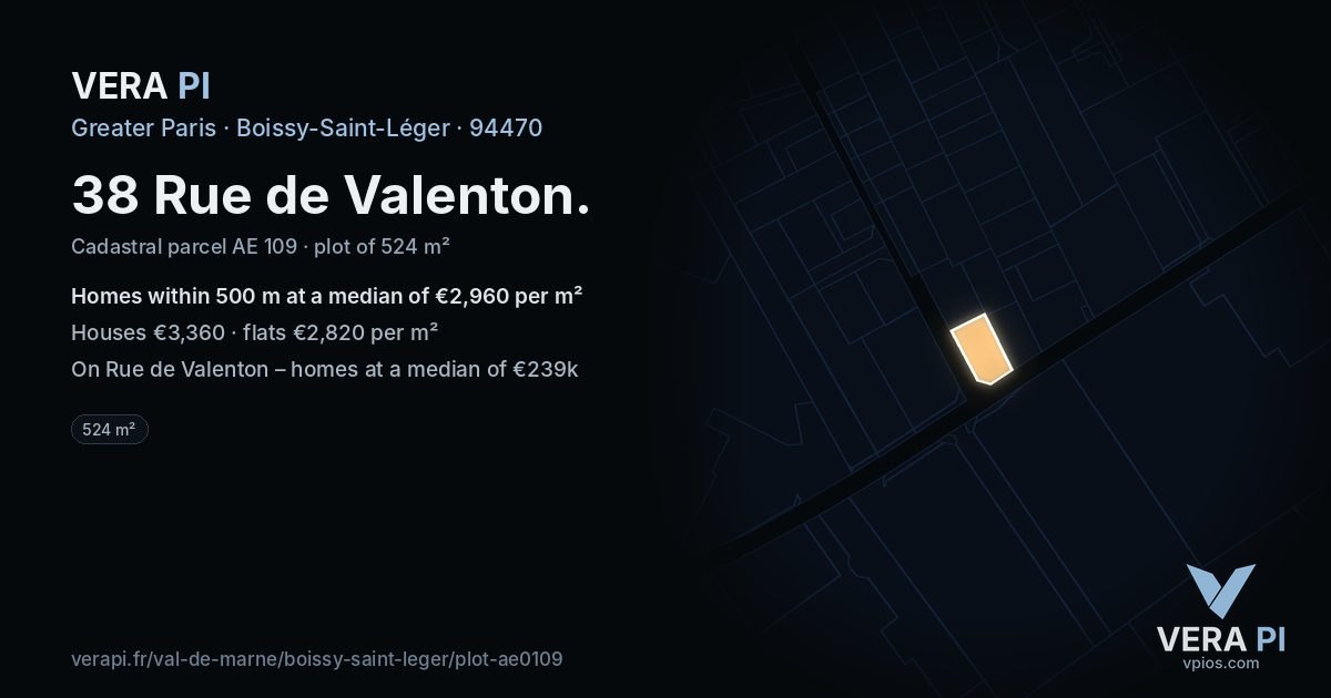 38 Rue de Valenton, Boissy-Saint-Léger at night – the plot lit, the parcels around coloured by the prices near them