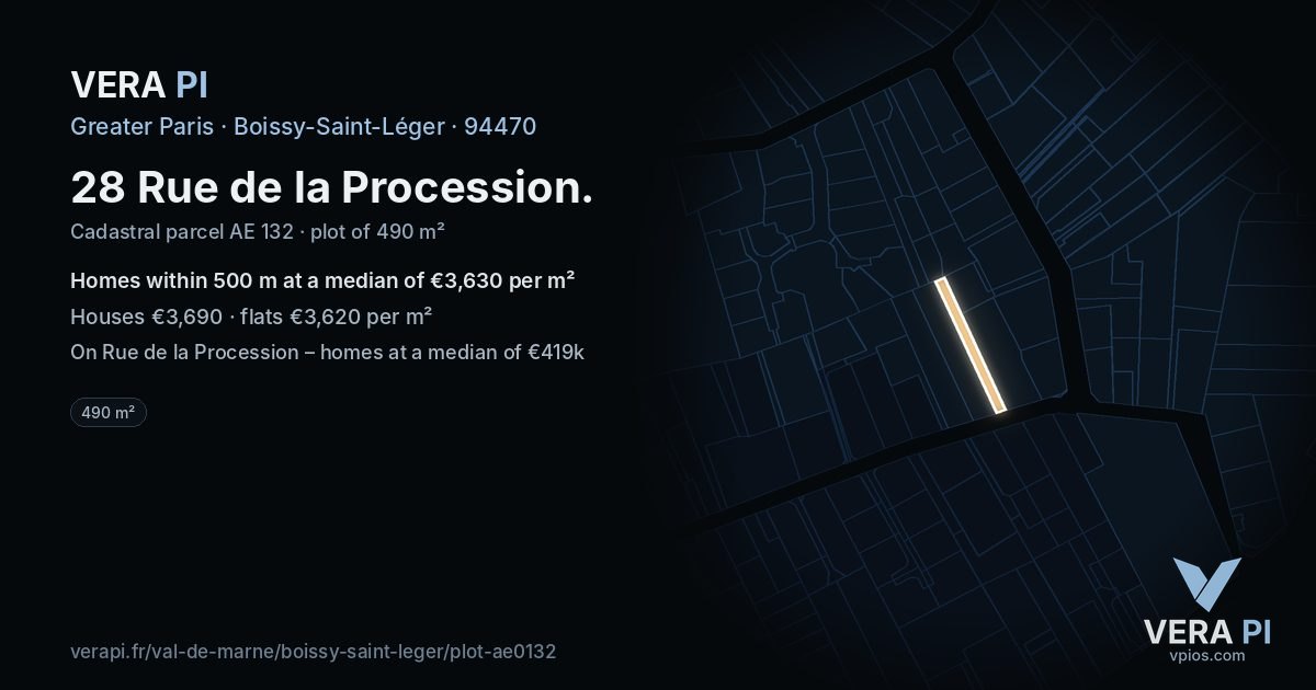 28 Rue de la Procession, Boissy-Saint-Léger at night – the plot lit, the parcels around coloured by the prices near them