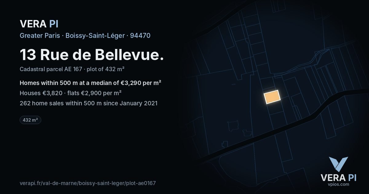 13 Rue de Bellevue, Boissy-Saint-Léger at night – the plot lit, the parcels around coloured by the prices near them