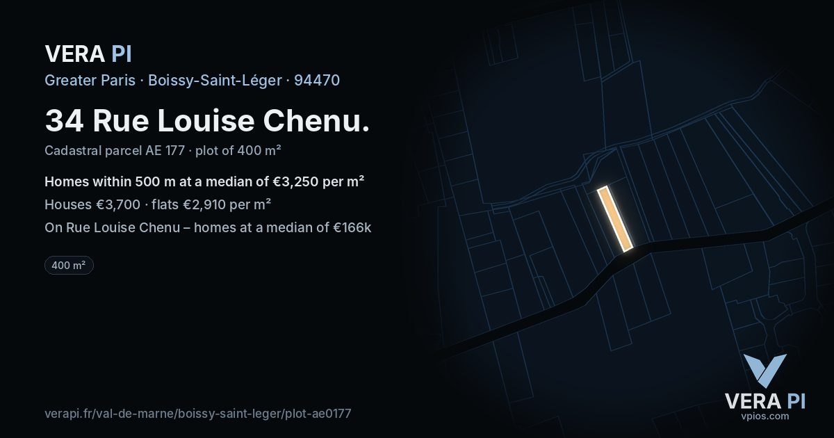34 Rue Louise Chenu, Boissy-Saint-Léger at night – the plot lit, the parcels around coloured by the prices near them