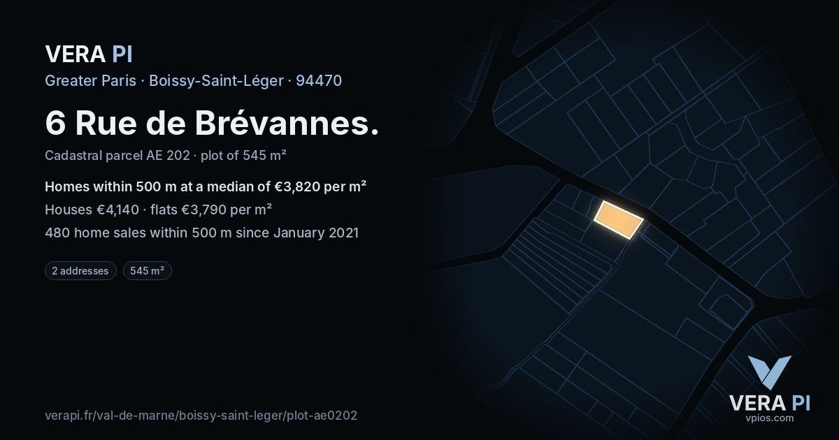 6 Rue de Brévannes, Boissy-Saint-Léger at night – the plot lit, the parcels around coloured by the prices near them