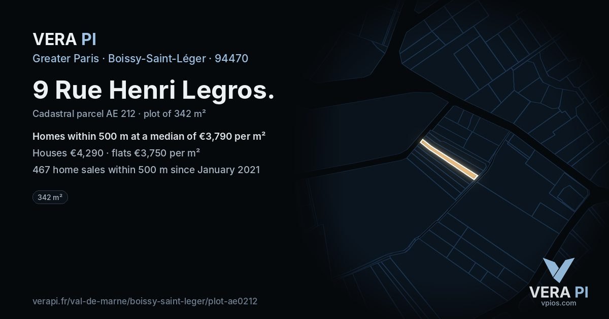 9 Rue Henri Legros, Boissy-Saint-Léger at night – the plot lit, the parcels around coloured by the prices near them