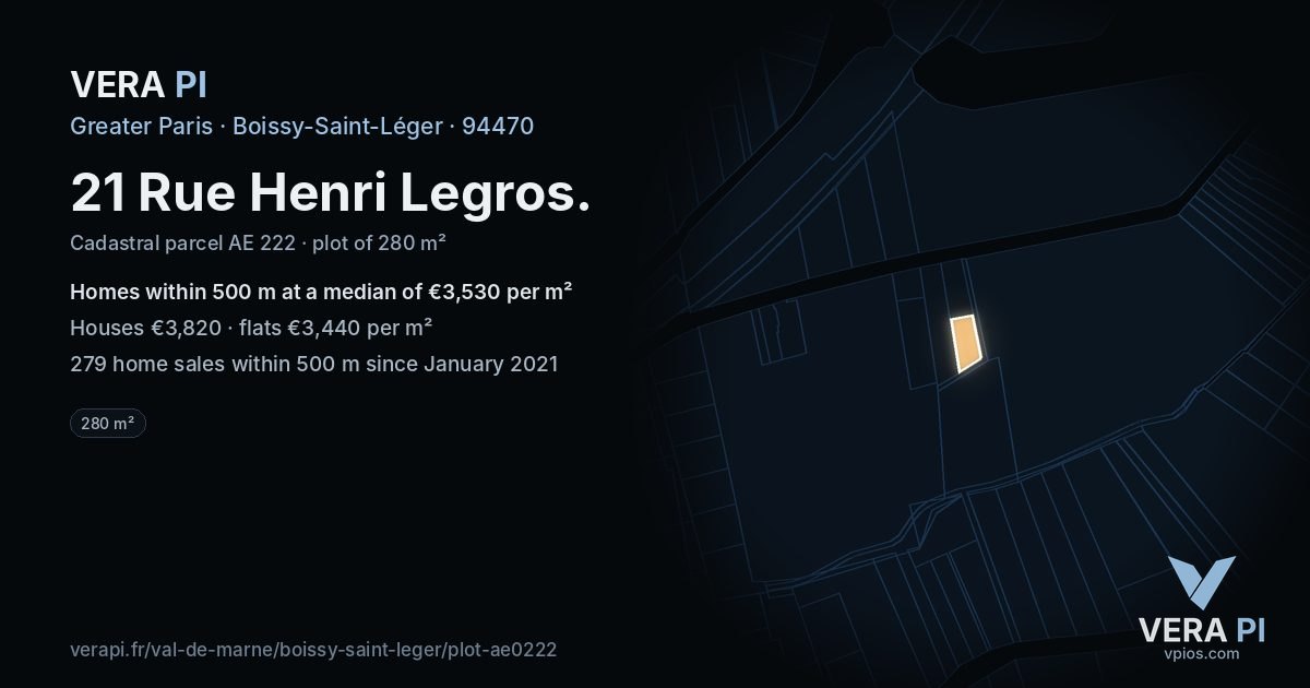 21 Rue Henri Legros, Boissy-Saint-Léger at night – the plot lit, the parcels around coloured by the prices near them