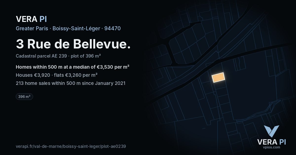 3 Rue de Bellevue, Boissy-Saint-Léger at night – the plot lit, the parcels around coloured by the prices near them