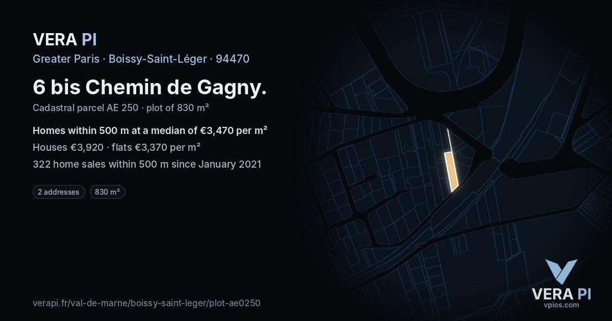 6 bis Chemin de Gagny, Boissy-Saint-Léger at night – the plot lit, the parcels around coloured by the prices near them