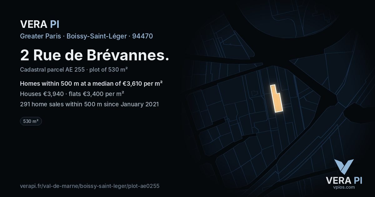 2 Rue de Brévannes, Boissy-Saint-Léger at night – the plot lit, the parcels around coloured by the prices near them