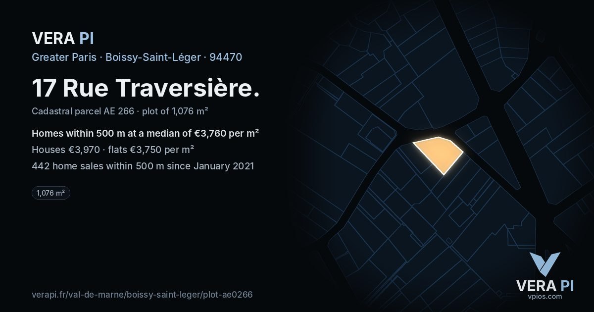 17 Rue Traversière, Boissy-Saint-Léger at night – the plot lit, the parcels around coloured by the prices near them