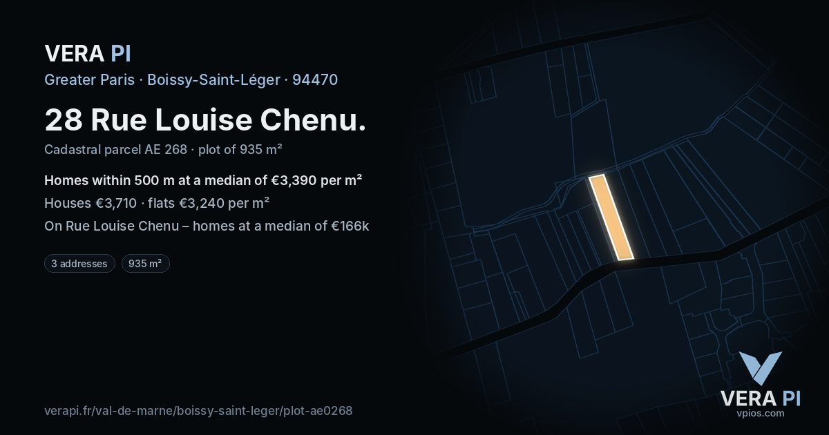 28 Rue Louise Chenu, Boissy-Saint-Léger at night – the plot lit, the parcels around coloured by the prices near them