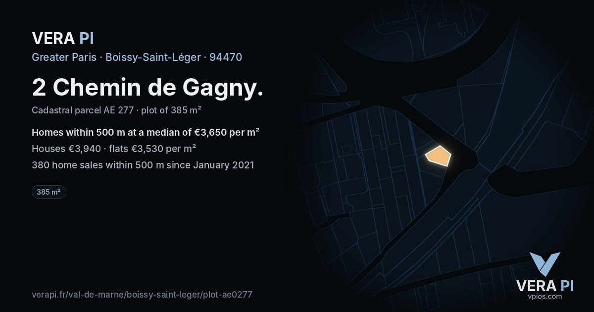 2 Chemin de Gagny, Boissy-Saint-Léger at night – the plot lit, the parcels around coloured by the prices near them