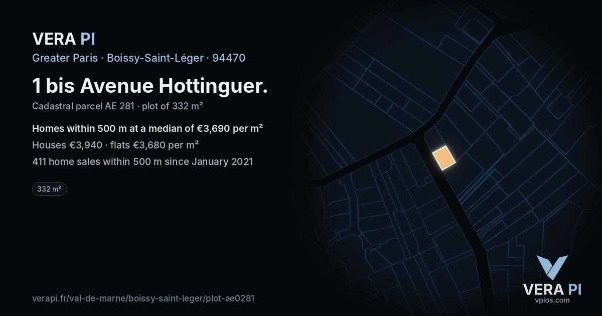 1 bis Avenue Hottinguer, Boissy-Saint-Léger at night – the plot lit, the parcels around coloured by the prices near them