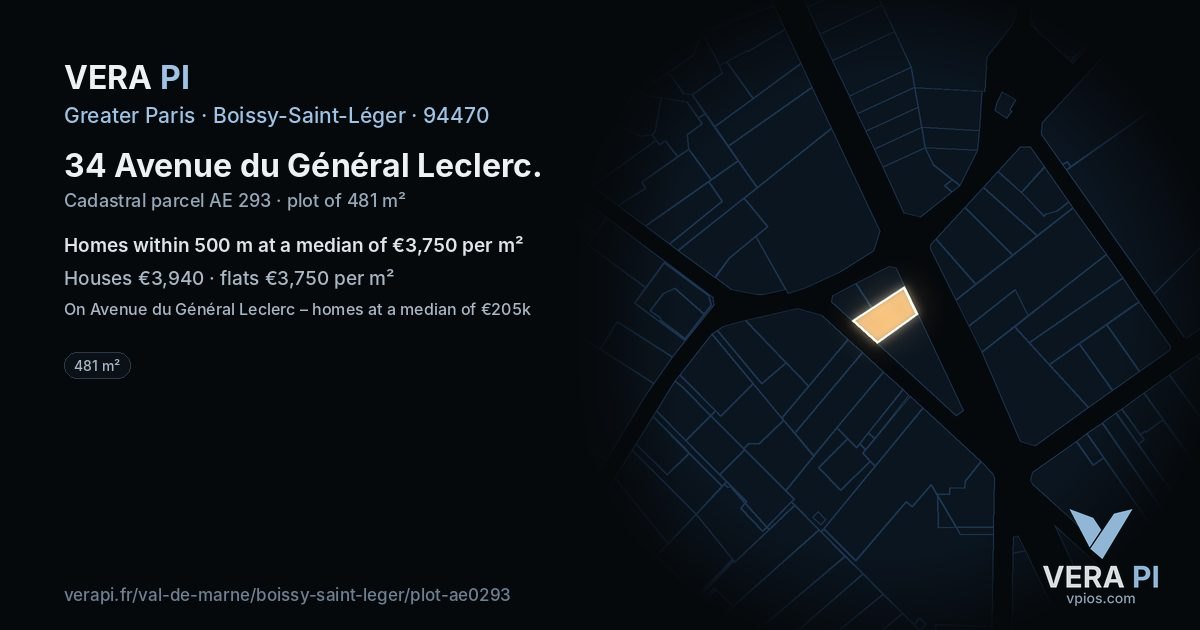 34 Avenue du Général Leclerc, Boissy-Saint-Léger at night – the plot lit, the parcels around coloured by the prices near them