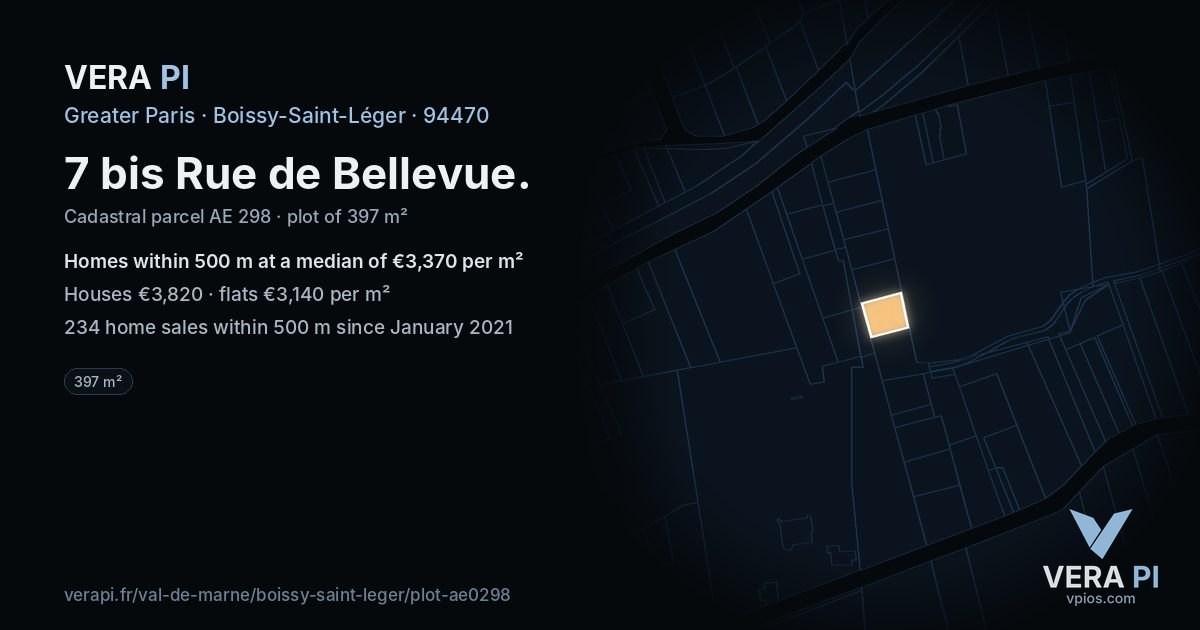 7 bis Rue de Bellevue, Boissy-Saint-Léger at night – the plot lit, the parcels around coloured by the prices near them