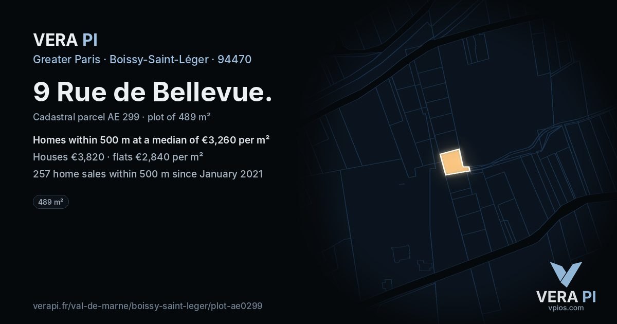 9 Rue de Bellevue, Boissy-Saint-Léger at night – the plot lit, the parcels around coloured by the prices near them