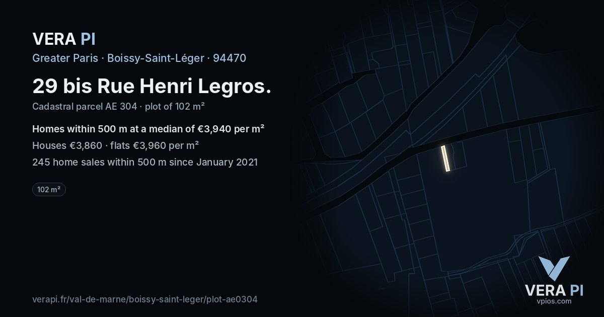 29 bis Rue Henri Legros, Boissy-Saint-Léger at night – the plot lit, the parcels around coloured by the prices near them