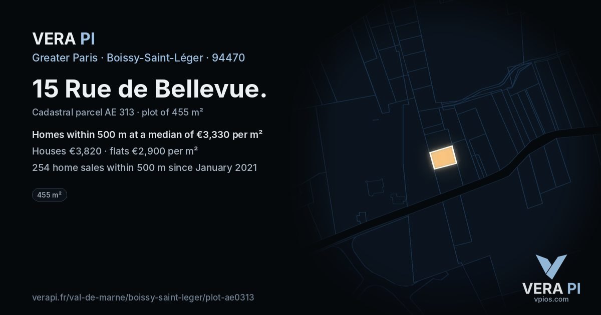 15 Rue de Bellevue, Boissy-Saint-Léger at night – the plot lit, the parcels around coloured by the prices near them