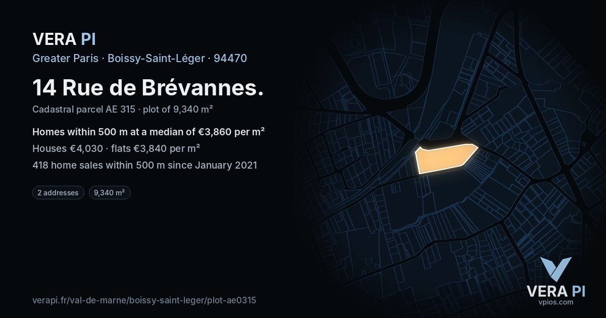 14 Rue de Brévannes, Boissy-Saint-Léger at night – the plot lit, the parcels around coloured by the prices near them